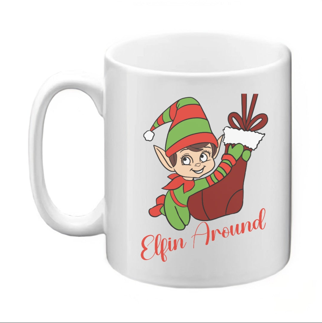 Christmas Mug elfin around socking