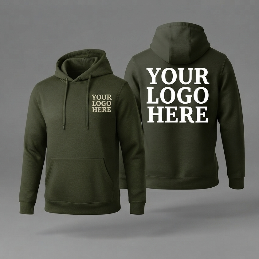 Custom Hoodie With Small Front, Large Back Logo